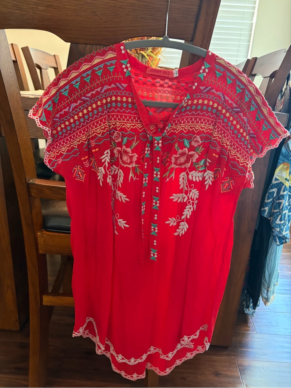 Johnny Was Red Embroidered Boho Tunic with Teal & White Accents
